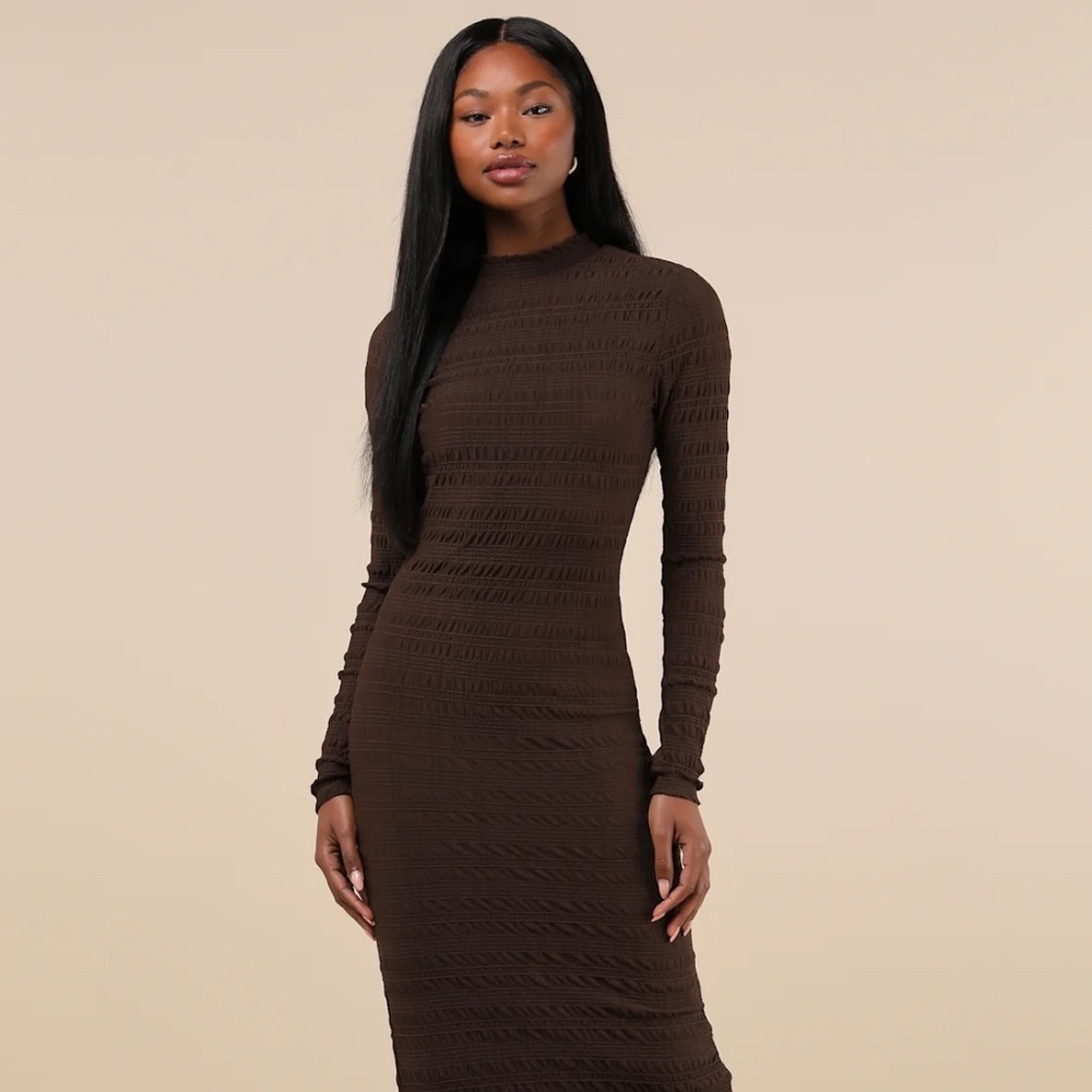 Lulus Brown Textured Long Sleeve Maxi Dress - XS